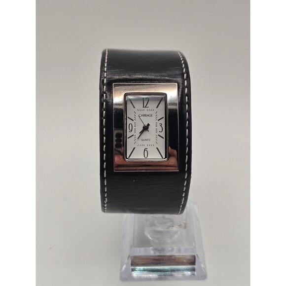 Carriage Timex Watch Rectangular Quartz Black Leather Wide Cuff Band Y2K main image 7